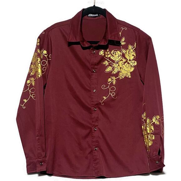 Zeroyaa Embroidered Shirt Men's Small Burgundy Red Snap Buttons Long Sleeve - Picture 9 of 9